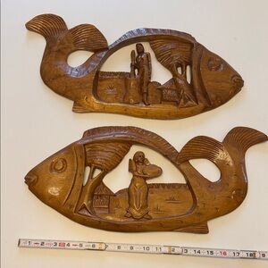Vintage Large MCM Hand-Carved Philippine Wood Fish Wall Plaques - Pair